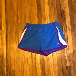Blue, purple, and white athletic shorts